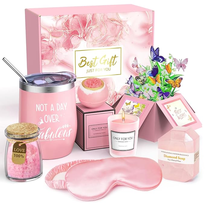 Christmas Spa Gift Basket with Bath Essentials- Pink Rose Relaxation Kit Set by Follow