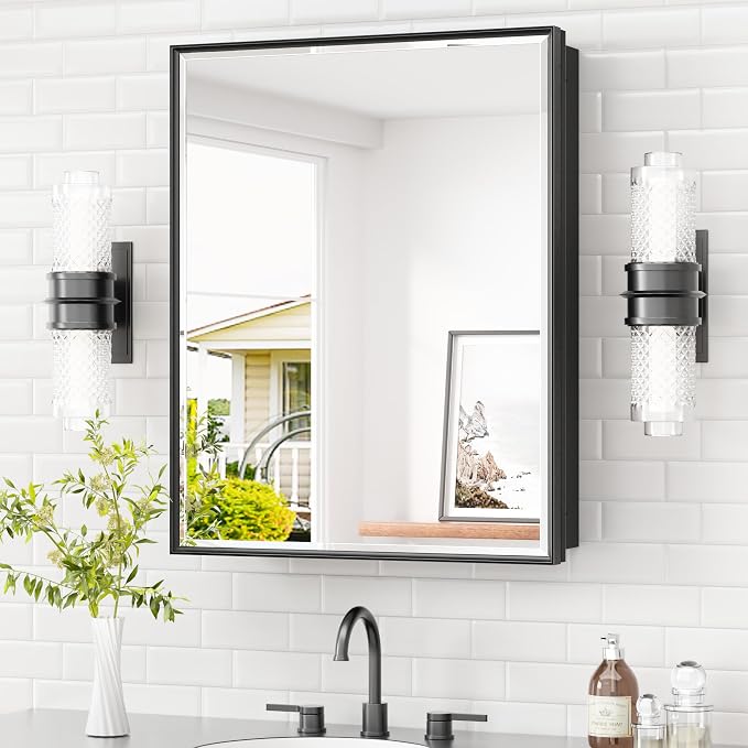 TETOTE Medicine Cabinet Mirror 24" x 30" Black Bathroom Mirrored Cabinets by TETOTE