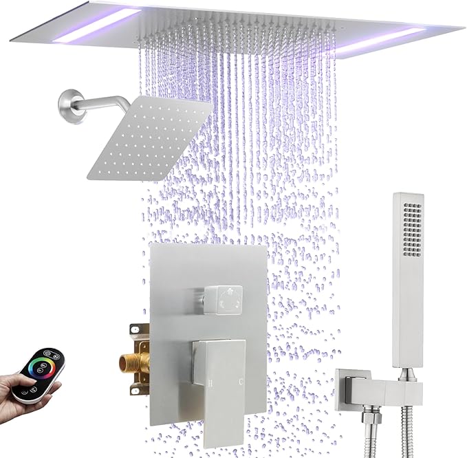 Rain Shower Head System with 14x20 Inch Ceiling Mount LED Head & 6 Inch Wall by NPYSVSSS