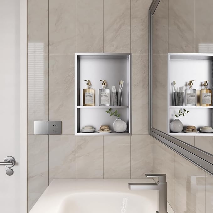 Neodrain 12X18 Inch Brushed Shower Niche, Double Shelf Stainless Steel No Tile - Image 4