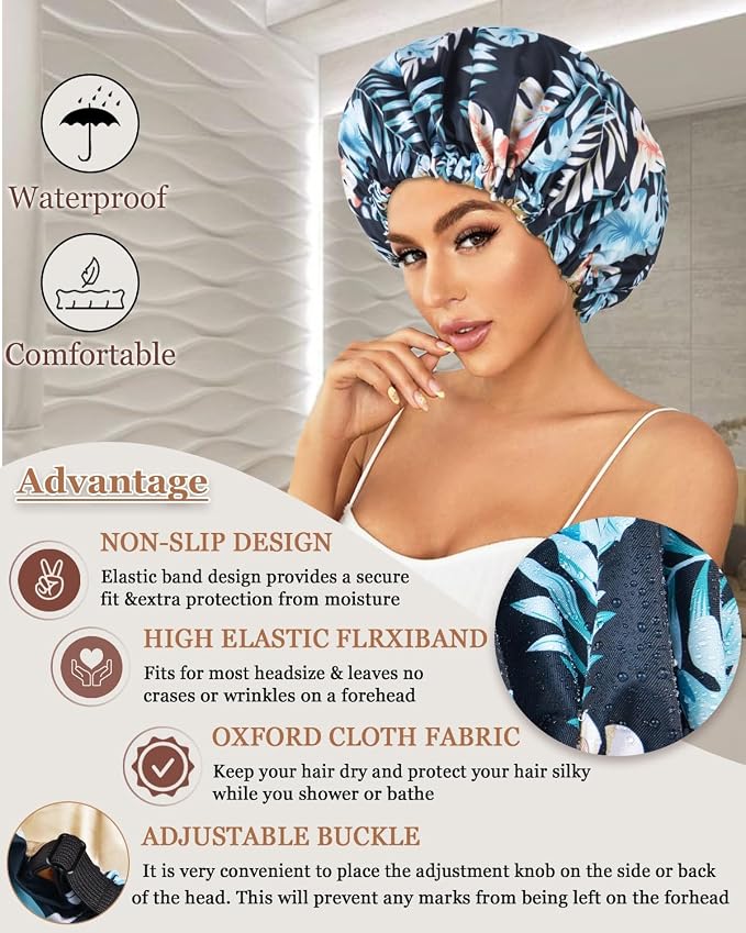Large Shower Caps for Women Reusable Waterproof Satin Lined Shower Cap - Image 5
