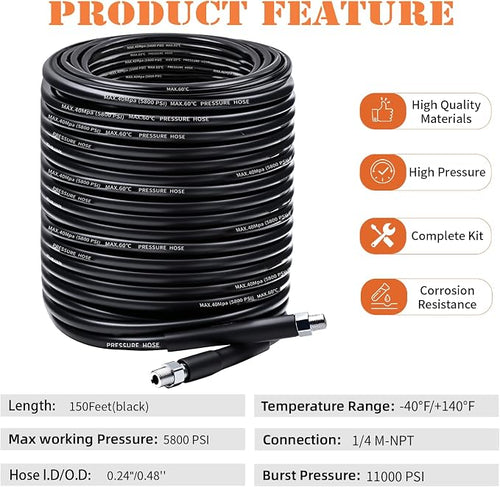 150FT Sewer Jetter Kit for Pressure Washer, 5800PSI Drain Cleaner Hose 1/4 Inch - Image 2