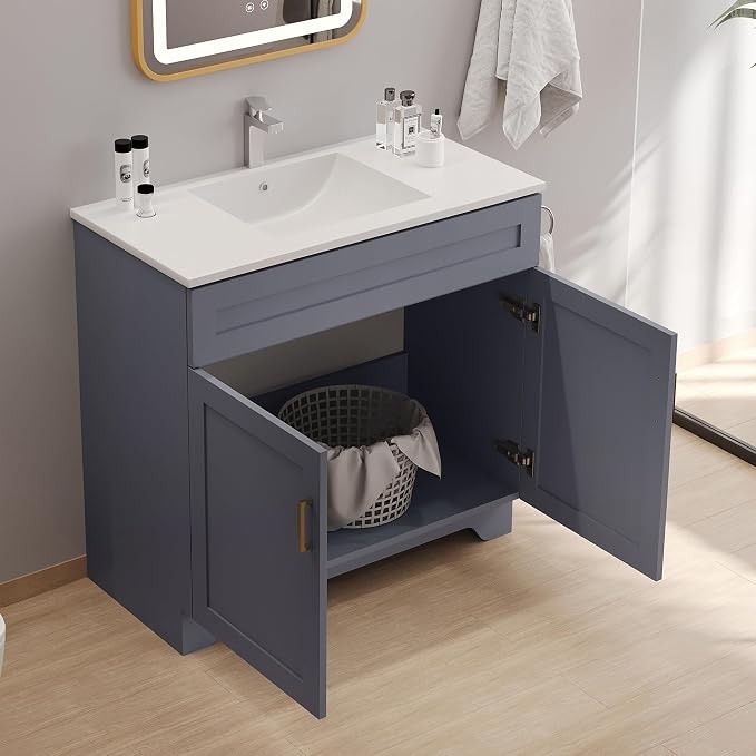 Bathroom 36" Vanity with Ceramic Sink, Wooden Double Door Bathroom Storage - Image 5