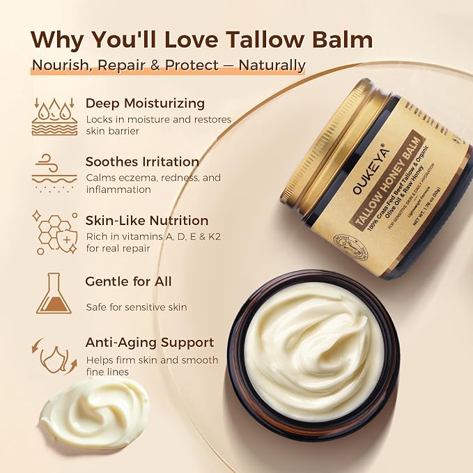 OUKEYA Beef Tallow for Face Nourishing Tallow & Honey Cream for Deep Hydration - Image 2