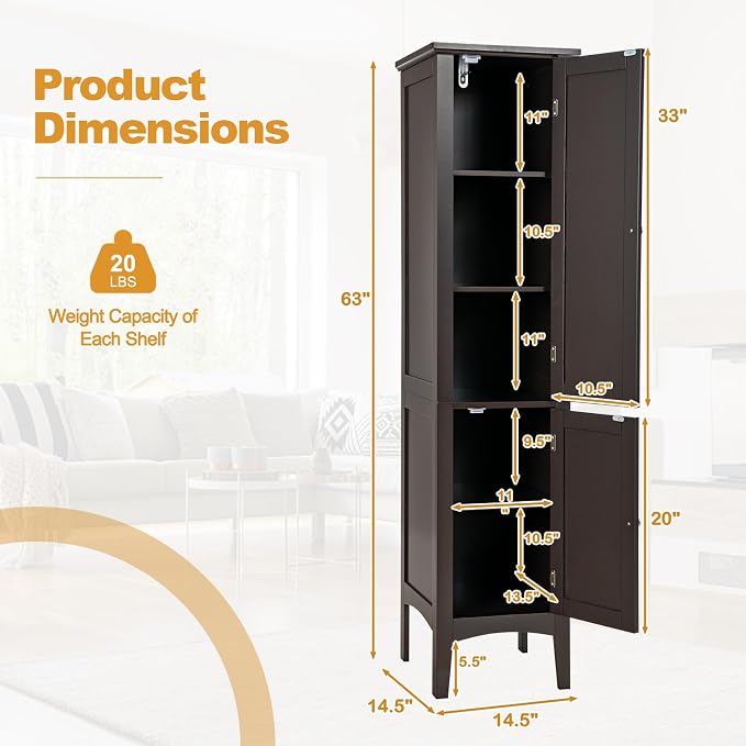 COSTWAY Tall Bathroom Storage Cabinet, 5-Tier Freestanding Linen Tower Cabinet - Image 3