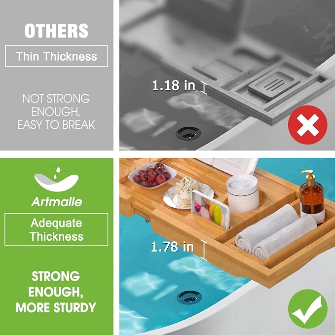 Artmalle Bathtub Caddy Tray for Tub, Foldable Bamboo Bath Table Tray - Image 5