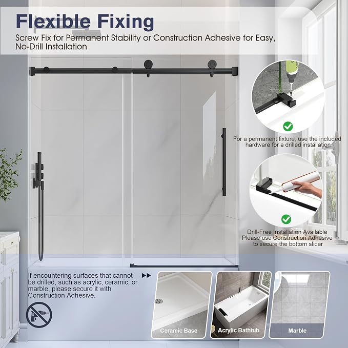 Bathtub Shower Door Frameless, 55-60" W x 60" H Sliding Tub Shower Door - Image 9