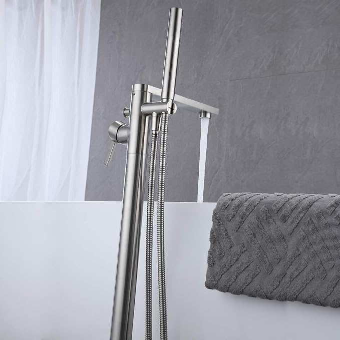 Freestanding Bathtub Faucet Tub Filler Brushed Nickel Floor Mount Brass Single - Image 5