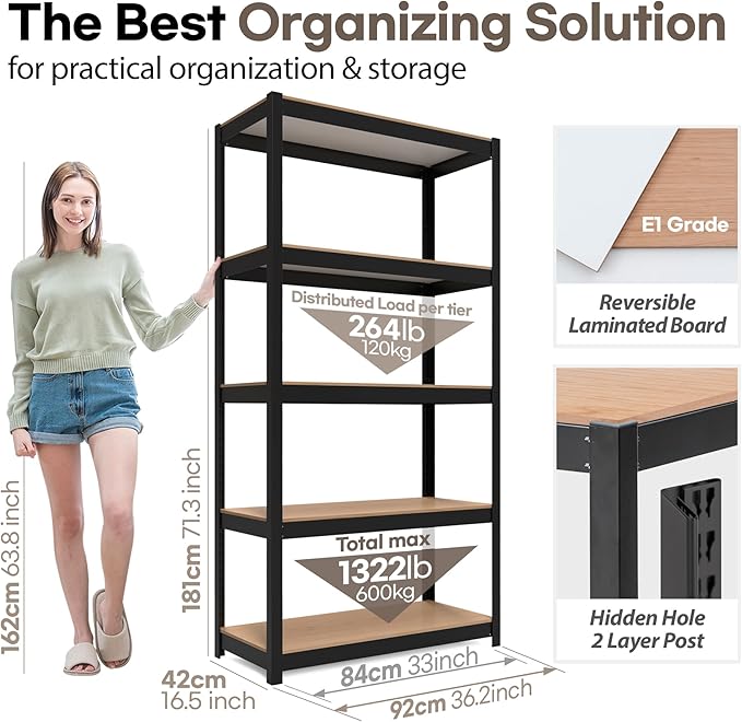 HOMEDANT House 5 Tier Laminated Metal Shelving Unit Adjustable Storage Utility - Image 2