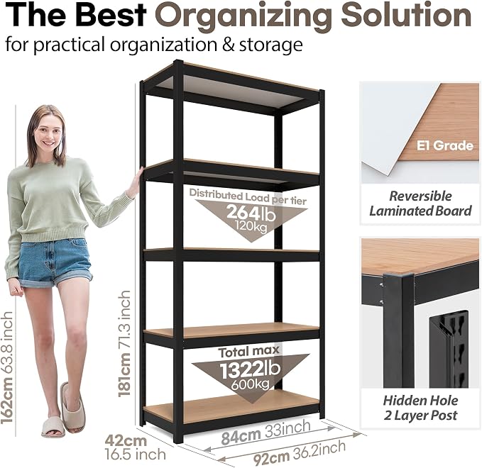 HOMEDANT House 36.2" W 5 Tier Heavy Duty Garage Shelving Adjustable Metal Rack - Image 2