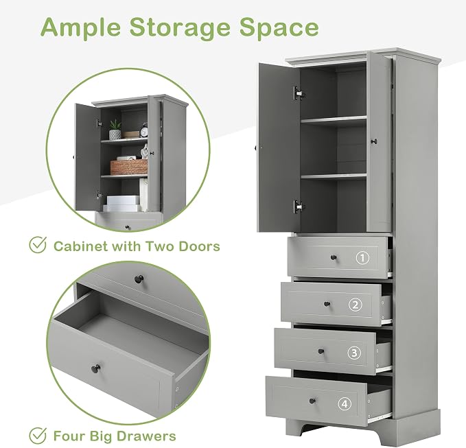 Merax Bathroom Cabinet with Doors and Drawers, Tall Storage Pantry - Image 5