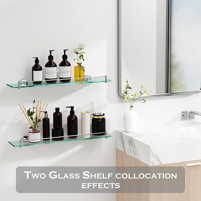 24 Inch Glass Bathroom Shelves, Chrome Polished Floating Shelves - Image 4