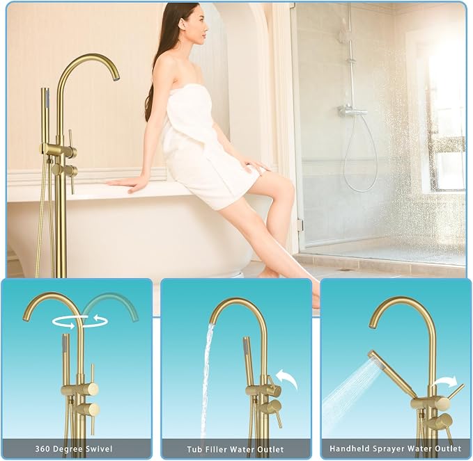 Floor Mount Bathtub Faucet，Freestanding Tub Faucet ，High Flow Dual Function 360 - Image 2