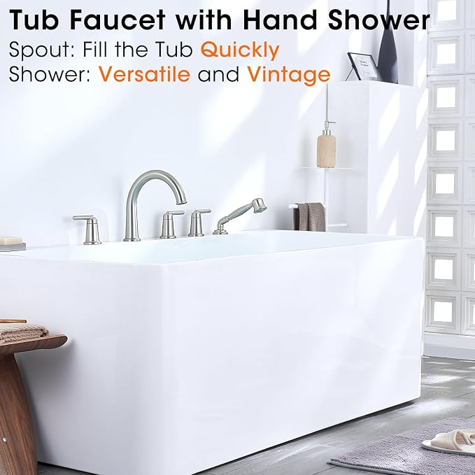 Roman Tub Faucet with Sprayer and Valve, 3 Handle 5 Hole Widespread Deck Mount - Image 2