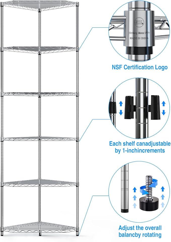Silver 6 Tier NSF Metal Pentagonal Corner Wire Shelving Units, 600lbs Storage - Image 4