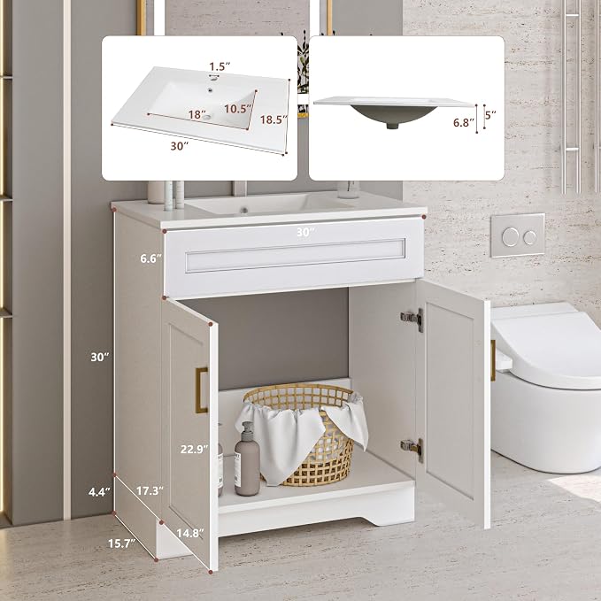 Bathroom 30" Vanity with Ceramic Sink, Wooden Double Door Bathroom Storage - Image 2