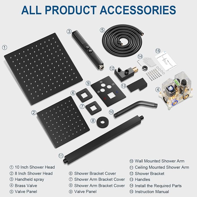 Shower Faucet Set Matte Black Shower System, Ceiling Mount 10 Inch Shower Head - Image 8