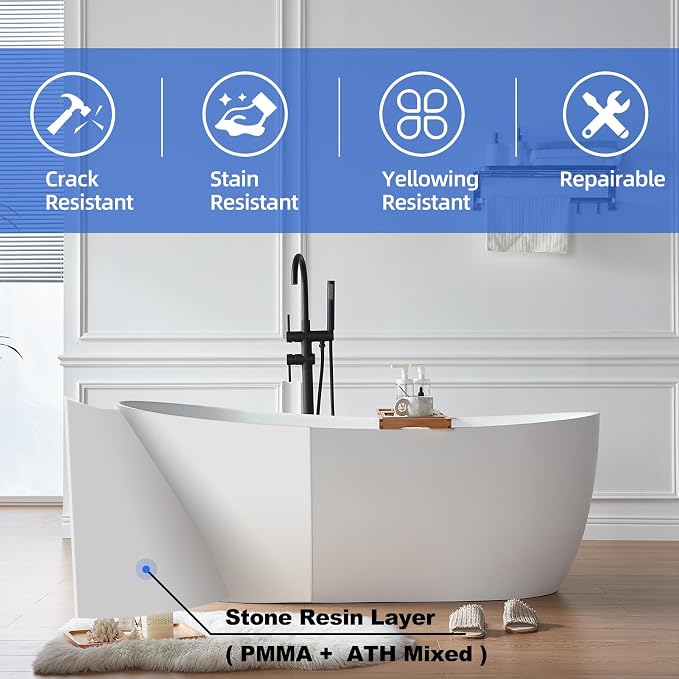 Cpingao 59" Solid Surface Freestanding Bathtub, Contemporary Oval Stone Resin - Image 2