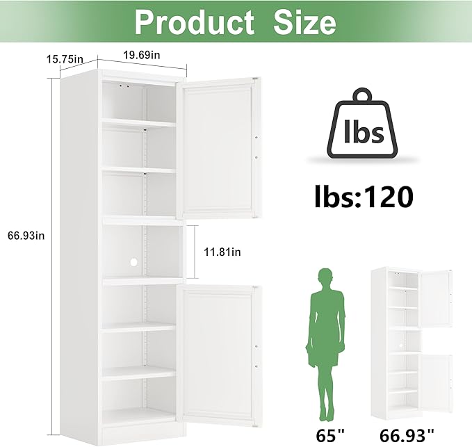 Tall Narrow Storage Cabinet 66.93" H Tall Bathroom Cabinet Metal Pantry Cabinets - Image 3