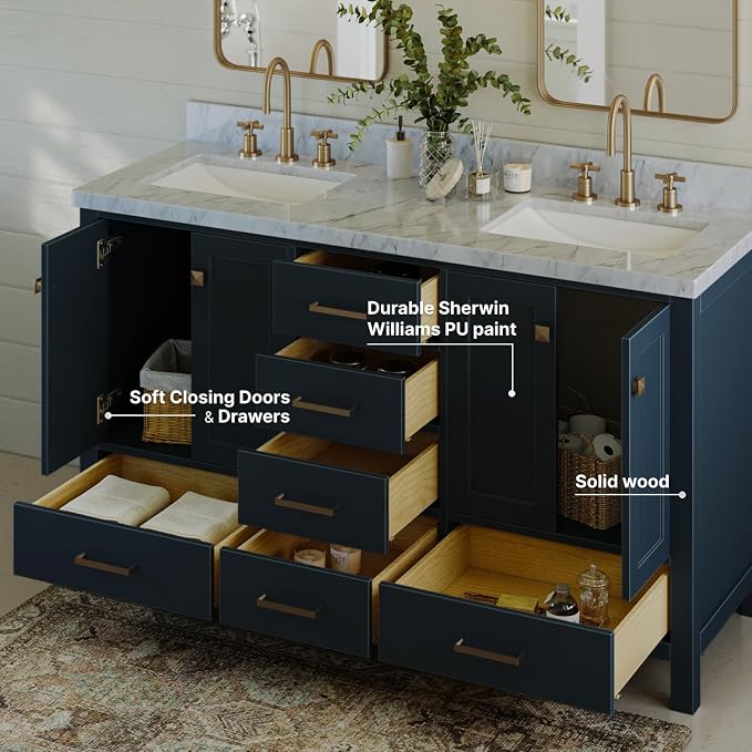 ARIEL Cambridge 61 Inch Midnight Blue Bathroom Vanity Double Sink, Solid Wood - Image 2