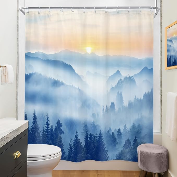Riyidecor Misty Mountain Shower Curtain 60Wx72H Inch Blue Spring Scenery - Image 4
