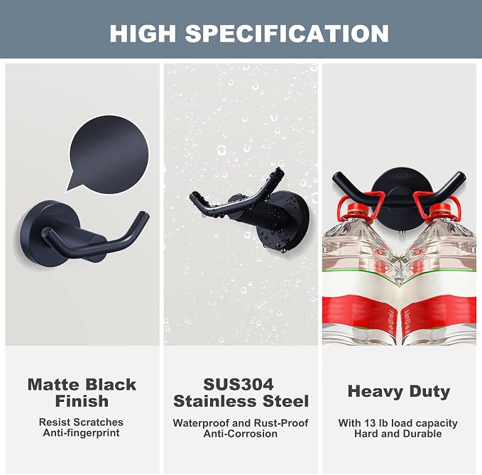 ARCORA Black Towel Hooks, SUS 304 Stainless Steel Wall Hooks, Heavy Duty Robe - Image 4