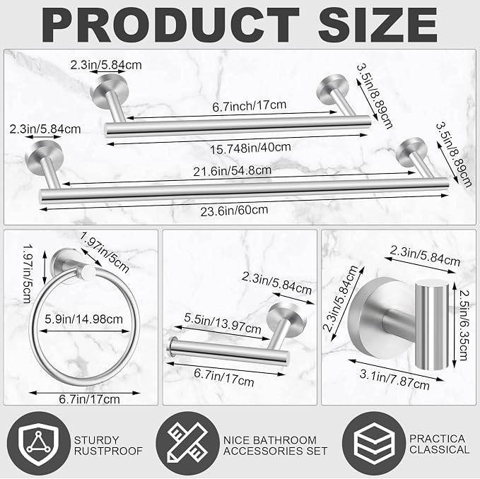 Gisafai 15 Piece Bathroom Hardware Set, 23.6 Inch Brushed Towel Bar Ring Toilet - Image 2