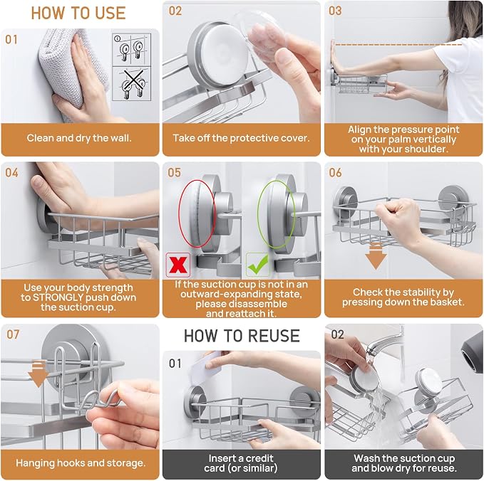 LEVERLOC 2 Pack Corner-adaptive Suction Cup Shower Caddies, Drill-Free Wall - Image 7