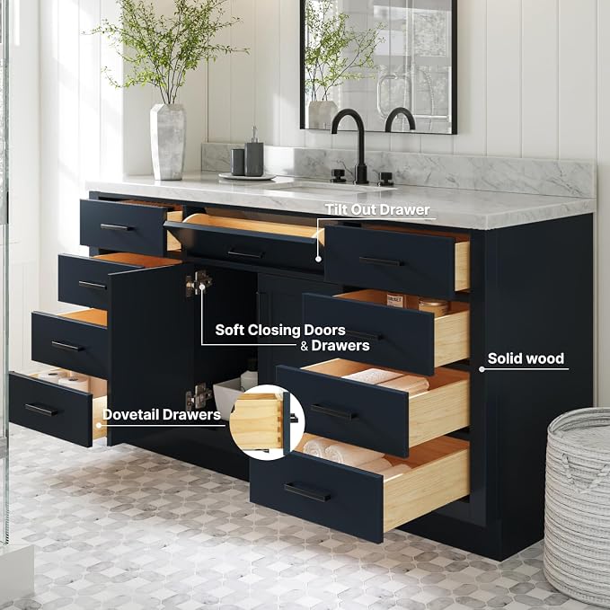 ARIEL 67" Midnight Blue Vanity, 1.5" Edge Italian Carrara Marble Countertop & - Image 3