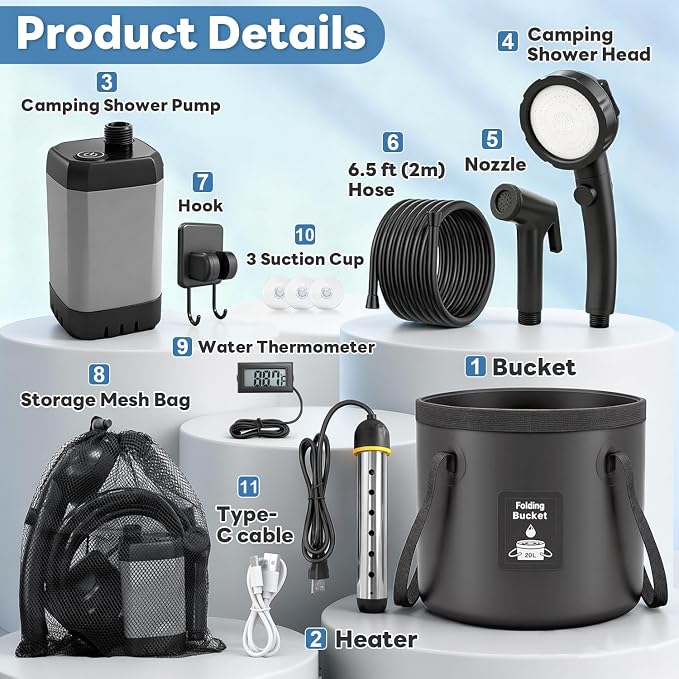Portable Shower with Heater 1500W Camping Water Heater with Shower Head 3 Spray - Image 4