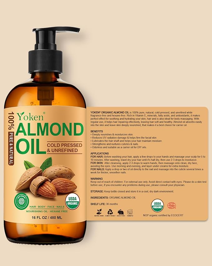 Organic Almond Oil 16 fl oz, USDA 100% Pure Cold Pressed Almond Oils in Glass - Image 7