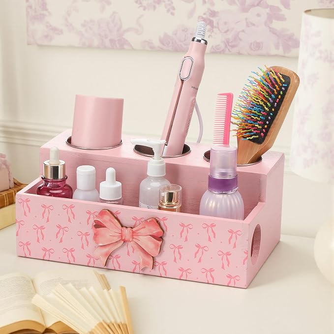 Pink Bow Hair Dryer Holder Wall Mounted Wooden Hair Dryer Holder Countertop - Image 5