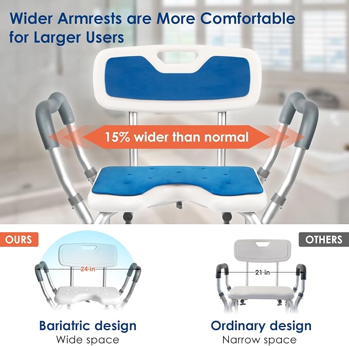 TooCust Extra Wide M-Shaped & Padded Armrests Shower Chair, 500lbs Capacity - Image 2