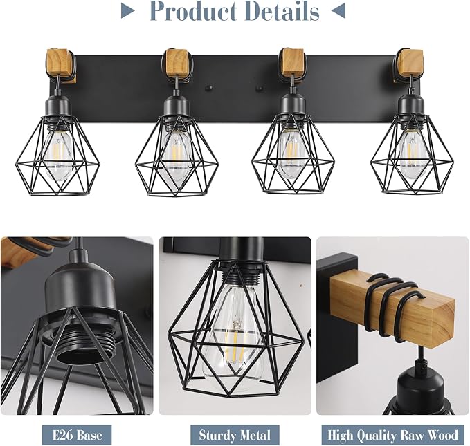 4 Light Farmhouse Vanity Light for Bathroom, Wood Bathroom Vanity Light - Image 3