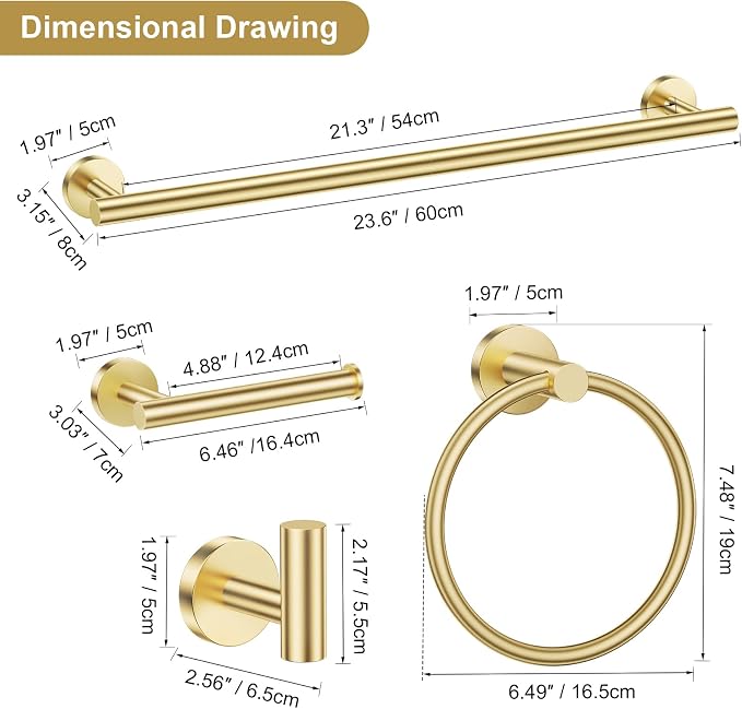 Lairuier Brushed Gold Bathroom Hardware Set, 10-Piece Towel Bar Set SUS304 - Image 6