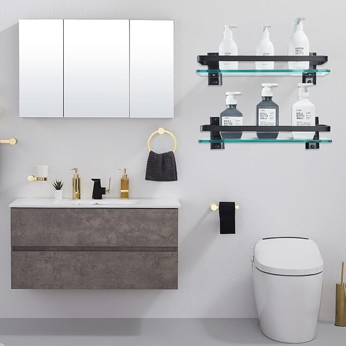 AIJALY 2 Pack Bathroom Glass Shelf, Aluminum Tempered Glass 0.34in Extra Thick - Image 2
