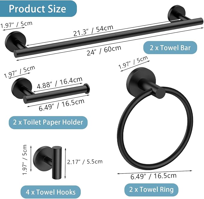 Newfun 10-Pieces Bathroom Hardware Set, Includes 24 Inch Towel Racks - Image 2
