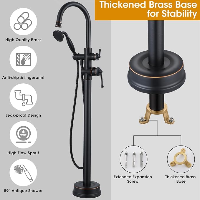 Freestanding Tub Faucet, Floor Mount Tub Faucet Oil Rubbed Bronze High Flow Tub - Image 3