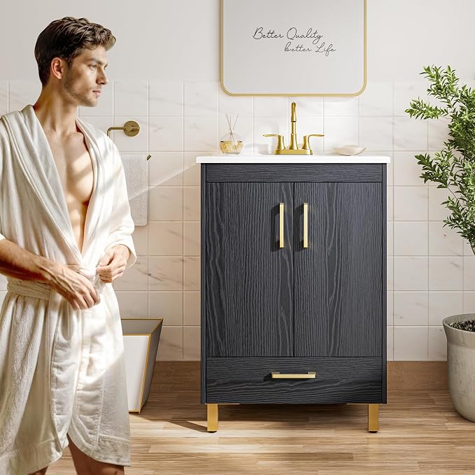 phiestina Fully Pre-Assembled Black 24 inch Bathroom Vanity, 2 Soft Close Doors - Image 2