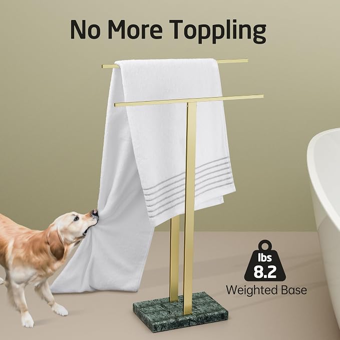 KES Standing Towel Rack with Green Natural Marble Base, 2-Tier Luxury Bath - Image 2