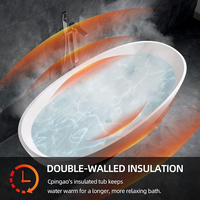Cpingao 55" Freestanding Bathtub, Oval Shaped Stone Resin Freestanding Tubs - Image 4
