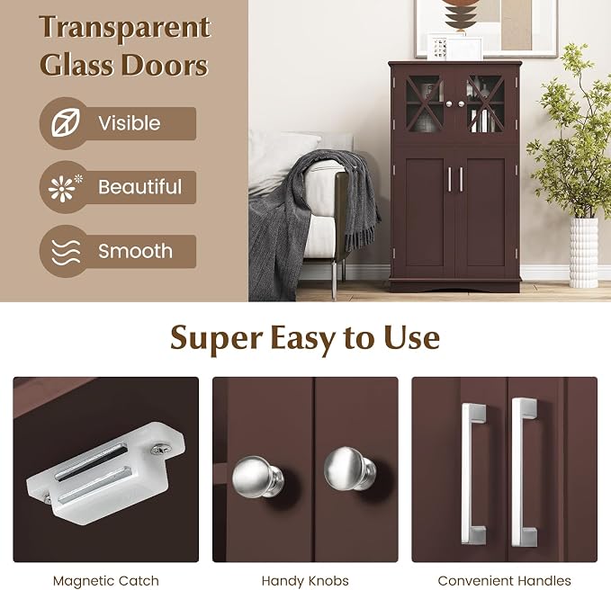 Tangkula Freestanding Floor Cabinet w/2 Glass Doors, 3-Level Adjustable Shelves - Image 7