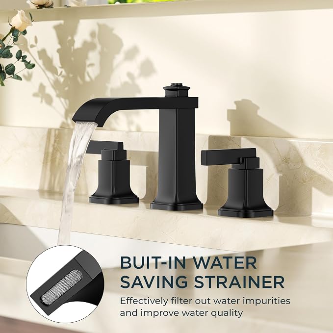 FORIOUS 3 Hole Bathroom Vanity Sink Faucet, Matte Black Waterfall Widespread - Image 7