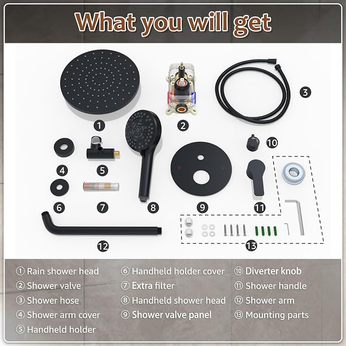 Iriber Mattle Black Round Rain Shower System Faucet Set，Filtered Shower Head - Image 9