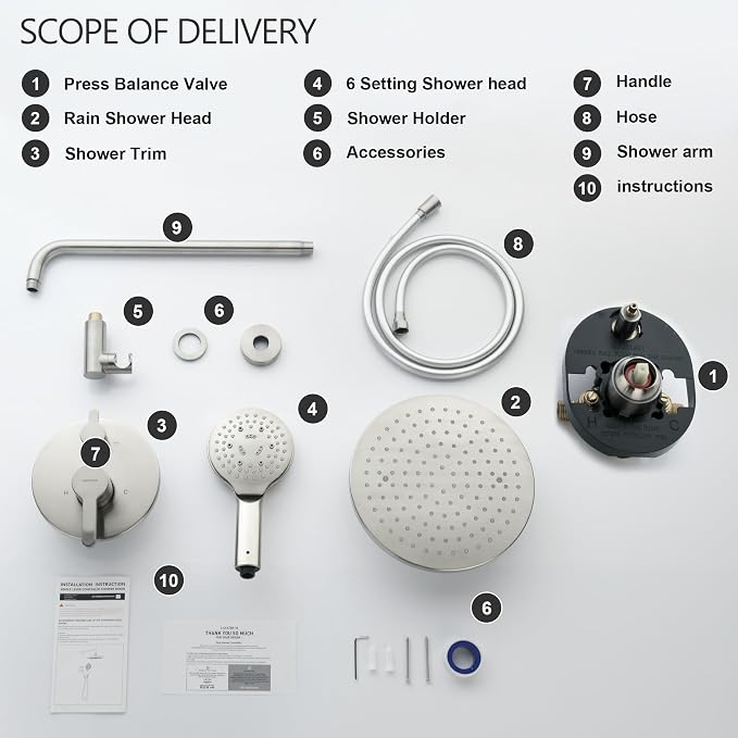 Brushed Nickel Shower Faucet Set, Wall Mount Rain Shower System 10 Inches - Image 7