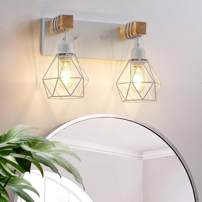 Farmhouse Vanity Light for Bathroom, 2-Light White Wood Bathroom Vanity Light by LIGHTUPYOURLIFE