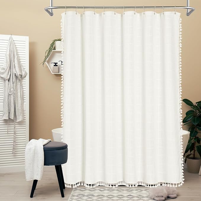 MitoVilla Modern Farmhouse Shower Curtain Set, Off White Boho Cloth Shower - Image 2