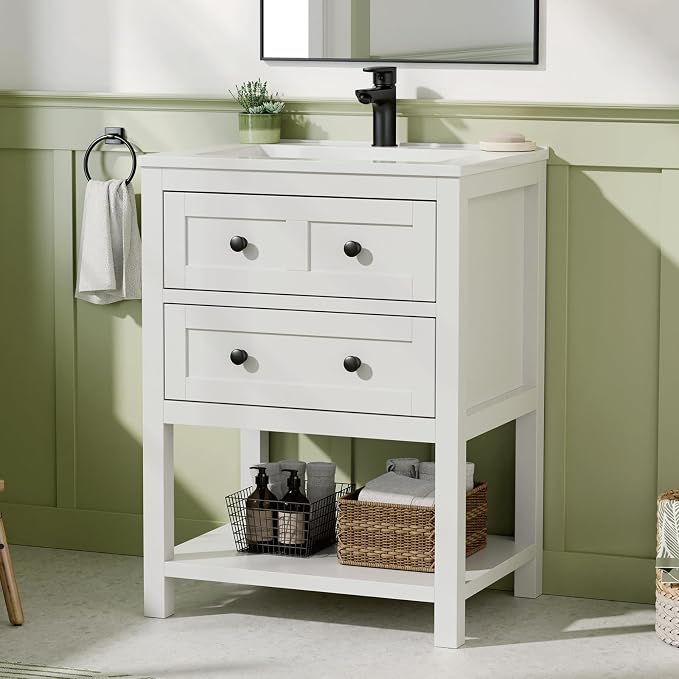 24 Inch Bathroom Vanity with Sink, Farmhouse Storage Cabinet with Drawers & - Image 3