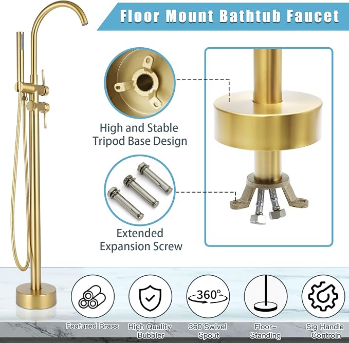 Floor Mount Bathtub Faucet，Freestanding Tub Faucet ，High Flow Dual Function 360 - Image 5