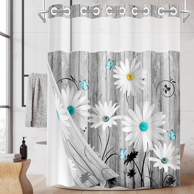 No Hook Flower Daisy Shower Curtain by Nesphy